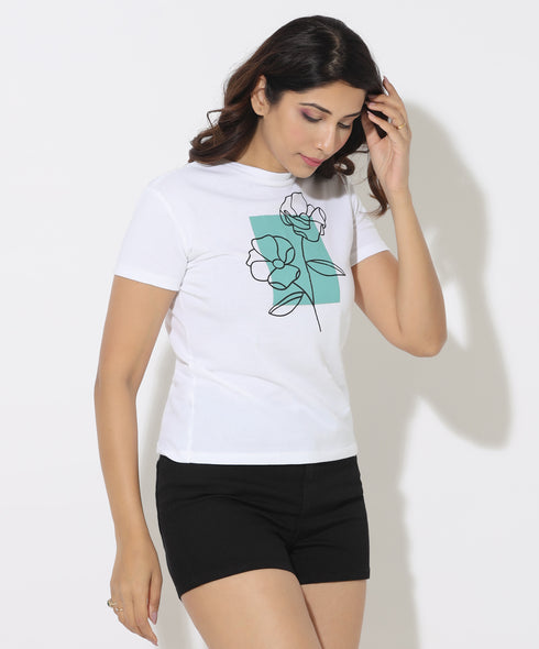 Line Rose Printed Teal Separation Tshirt
