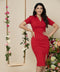 Red High Neck Gathered Sleeve Bodycon Dress