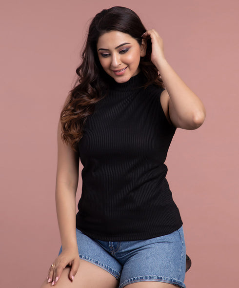 Black High Neck Sleeveless Rib Tshirt