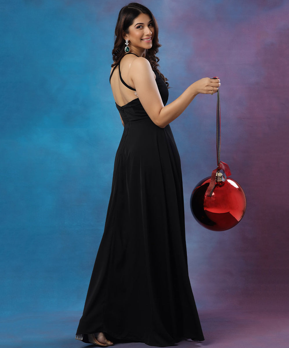 Amazonica Chiffon Wavy Striped Maxi Dress with Black Sequin Details
