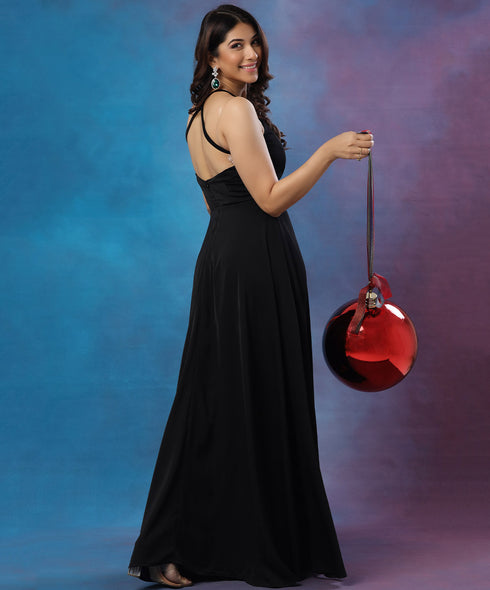 Strappy Detailed Chiffon Black Maxi Dress