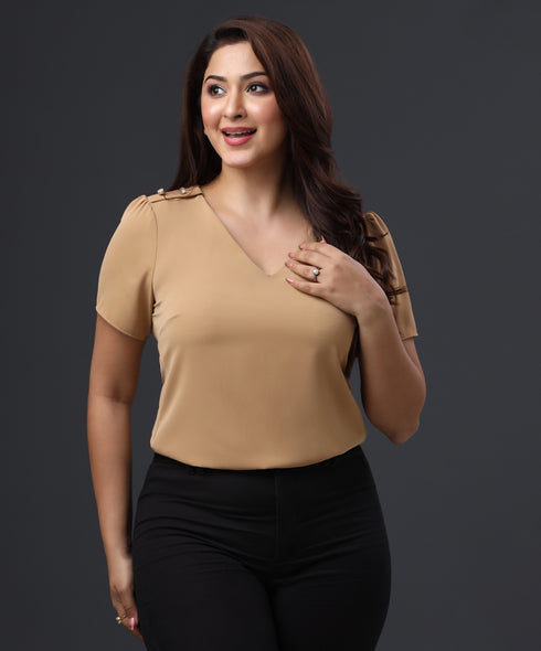 Button Detailed Brown Chiffon Top