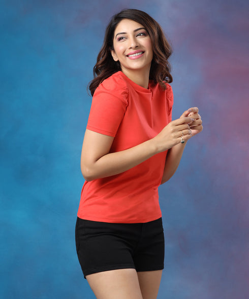 Sleeve Detailed Crew Neck Orange Tshirt