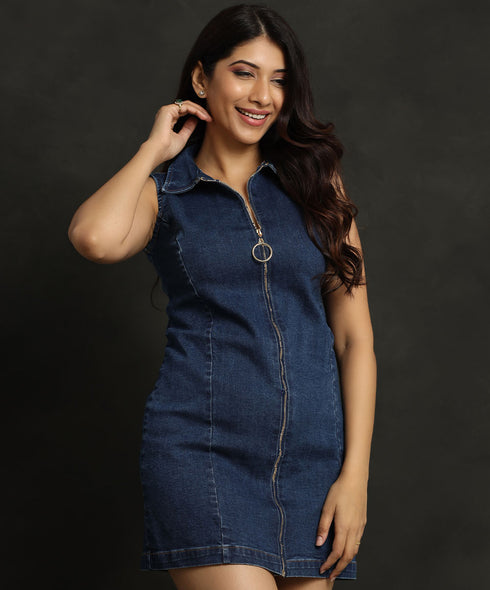Sosandar Zip Front Denim Shift Dress