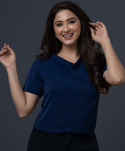 Navy Draped Neck Short Sleeve Top