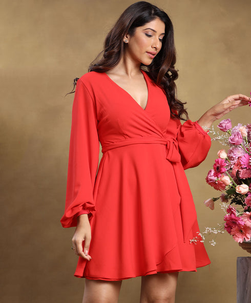 Vneck Lantern Sleeve Red Dress