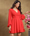 Vneck Lantern Sleeve Red Dress