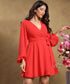 Vneck Lantern Sleeve Red Dress