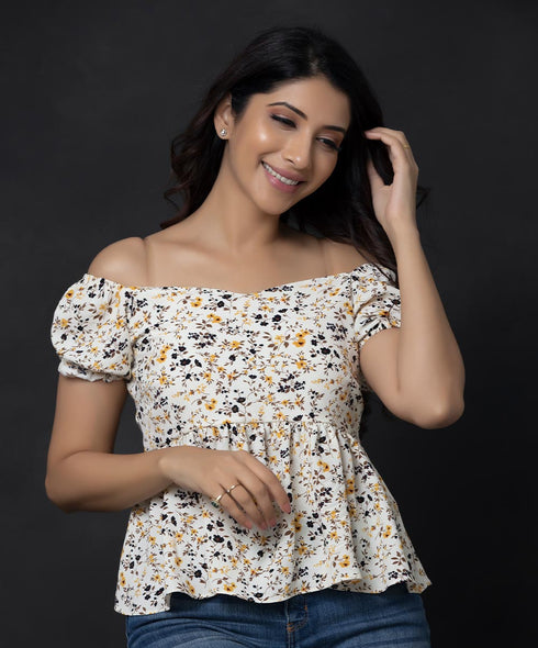 Puff Sleeve Ruffle Hem Floral Blouse