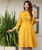 Eyelet Detailed Collared Linen Mustard Dress