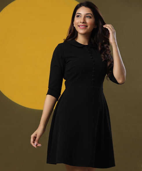 Front Buttoned Black Skater Dress