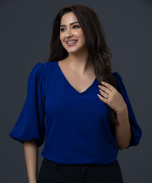 Vneck Balloon Sleeve Blue Top