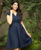 Vintage Navy Blue Linen Lapel Dress