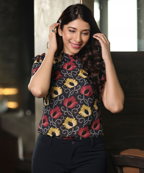 Sleeve Frilled Chiffon Black Top