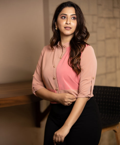 Pink N Light Brown Paneled Shirt