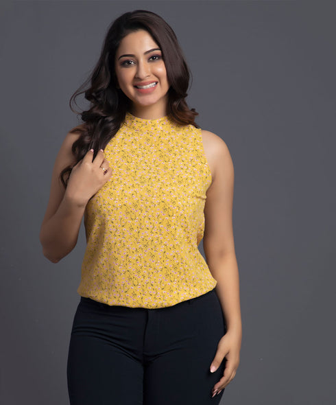 Mustard Sleeveless Back Neck Tie Top