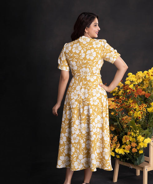 Mustard Floral Calf Length Chiffon Dress