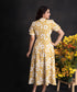Mustard Floral Calf Length Chiffon Dress