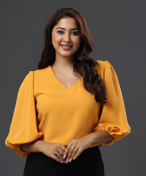 Vneck Balloon Sleeve Mustard Chiffon Top