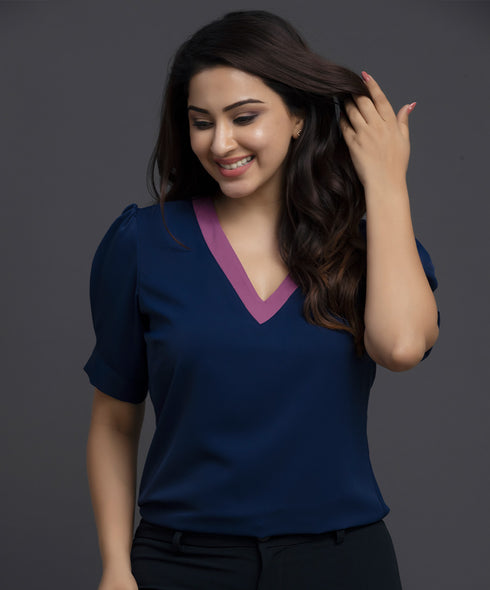 Two Tone Puffed Sleeve Contrast Vneck Top