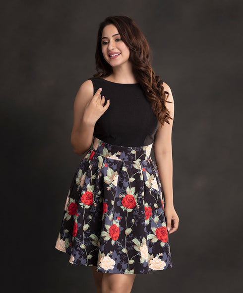 Floral And Solid Sleeveless Dress