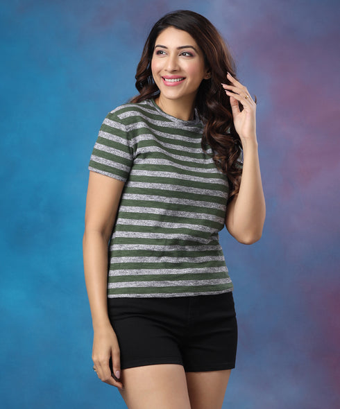 Stripe Basic Crew Neck Grey Tshirt