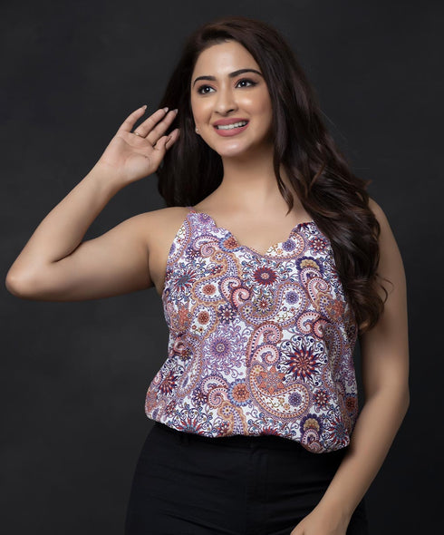 Pattern Printed Scalloped Neck Cami Top