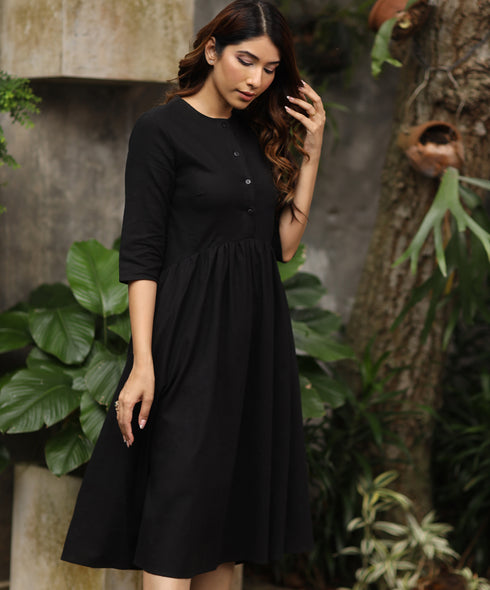 Half Shirt Buttoned Linen Black Dress