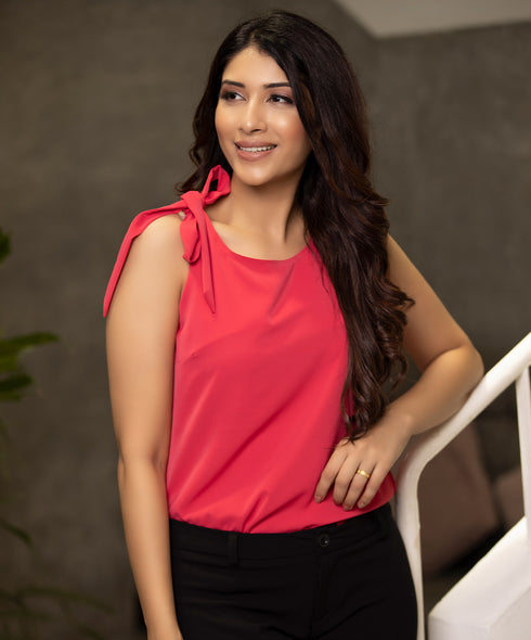 Sleeveless Bow Tie Pink Chiffon Top