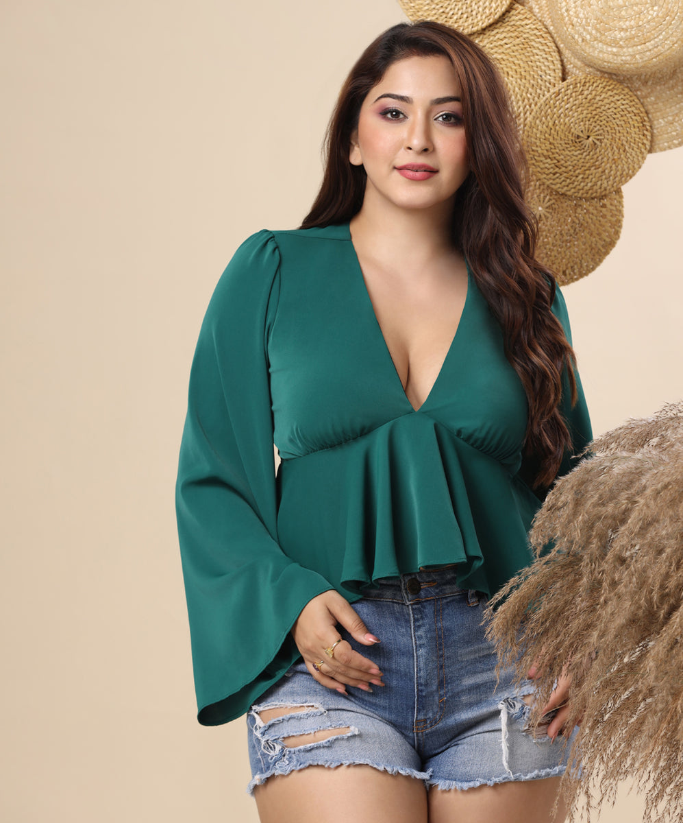 Sleeve Flared Green Chiffon Top Zigzag