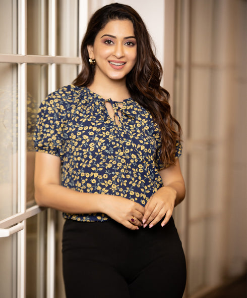 Navy Allover Floral Print Tie Neck Top