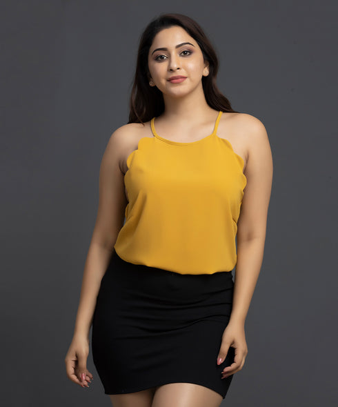 Frenchy Scallop Edge Halter Top-Mustard