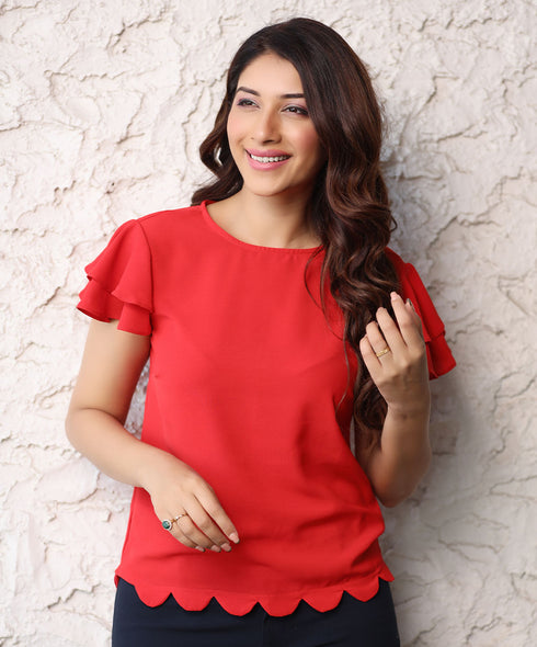 Hem Scalloped Sleeve Flared Red Top