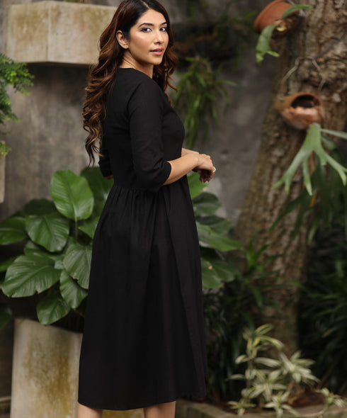 Half Shirt Buttoned Linen Black Dress