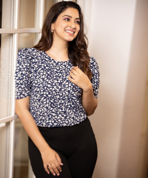 Ditsy Floral Blue White Puff Sleeve Top