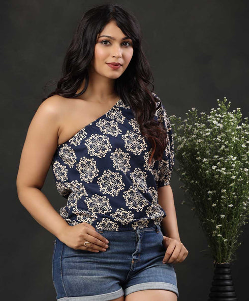 One-Shoulder Lantern Sleeve Blue Blouse