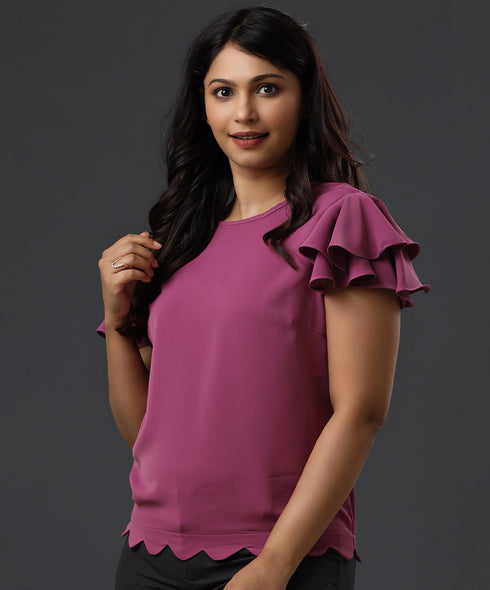 Hem Scalloped Sleeve Flared Purple Top