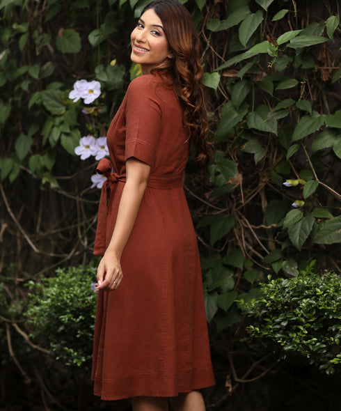 Stitch Detailed Linen Dress With Belt