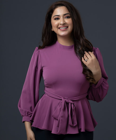 Purple Puffed Sleeve Peplum Top