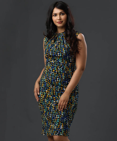 Neck Pleated Printed Shift Formal Dress