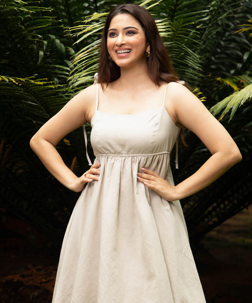 Beige Mini Empire Line Linen Dress