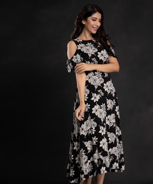 Black White Floral Printed Viscose Dress