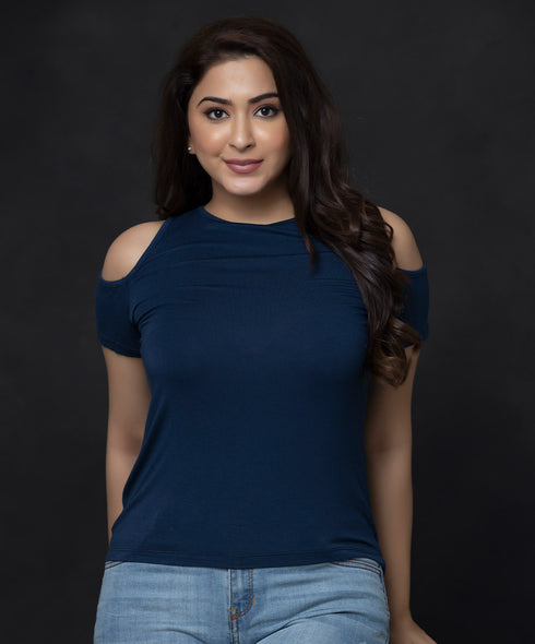 Dark Navy Blue Color Cold Shoulder T-shirt