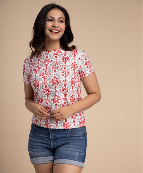 Red N Grey Damask Printed Tshirt