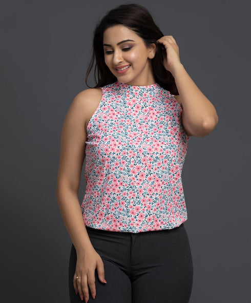 Soft Pink Printed Sleeveless Chiffon Top