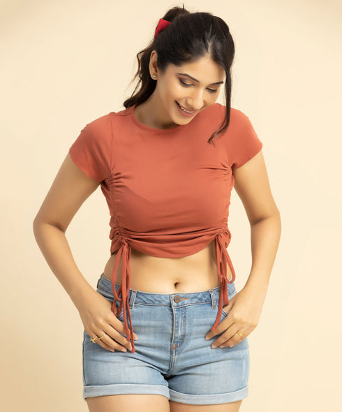 Brown Two Side Gathered Crop Tshirt