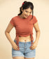 Brown Two Side Gathered Crop Tshirt
