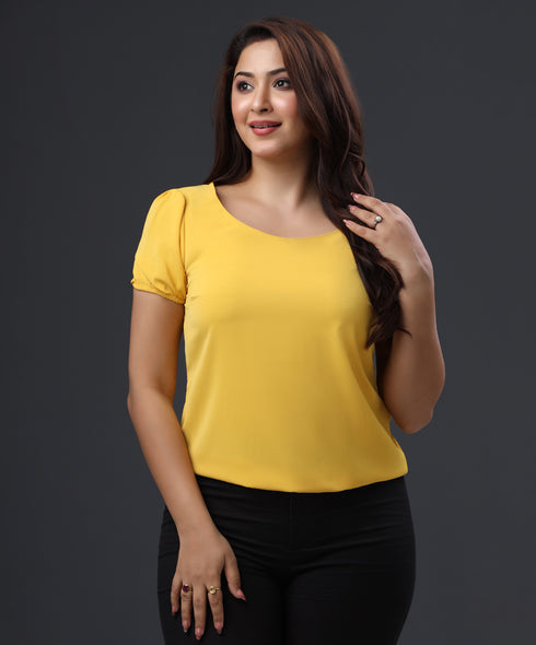 Sweetheart Puffed Sleeve Chiffon Yellow Top