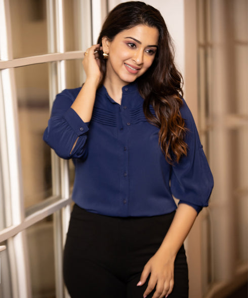 Navy Horizontal Pintuck Top