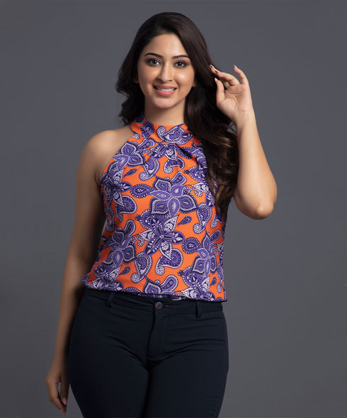 Halter Neck Bold Printed Chiffon Top